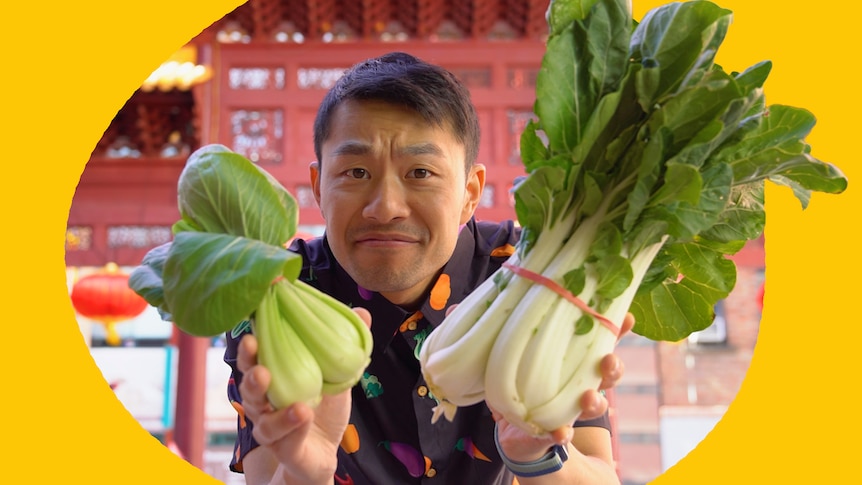 Thanh Truong the fruit nerd is seen holding two bunches of leafy Asian greens with a confused expression, cut out against yellow