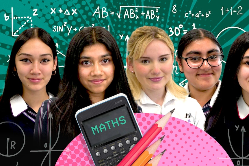 Graphic showing faces of five smiling teenage girls against green background covered with maths formulas.