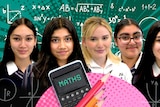Graphic showing faces of five smiling teenage girls against green background covered with maths formulas.