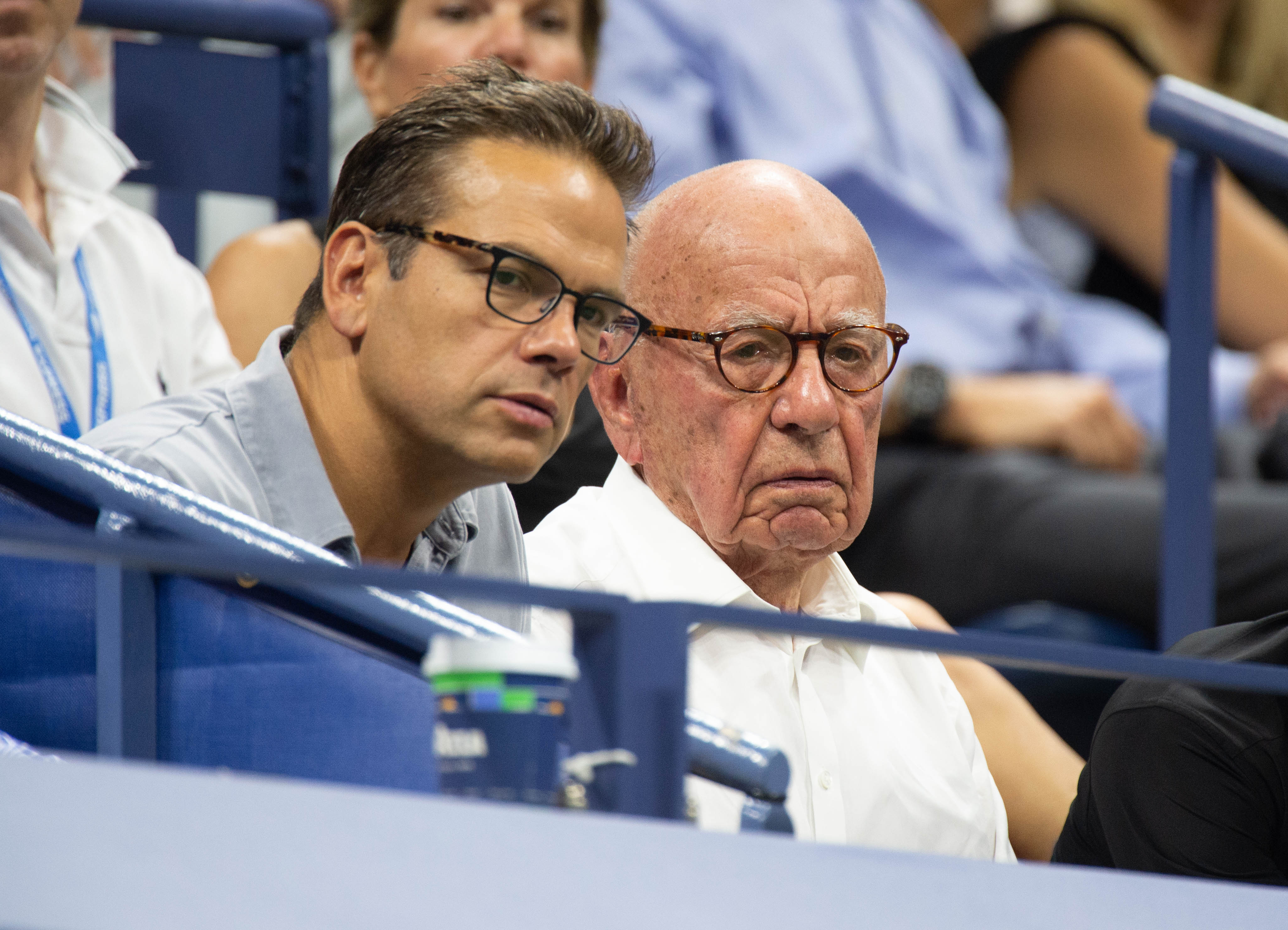 Lachlan Murdoch and Rupert Murdoch sitting together at Day 10 of the US Open held at the USTA Tennis Center on September 5, 2018