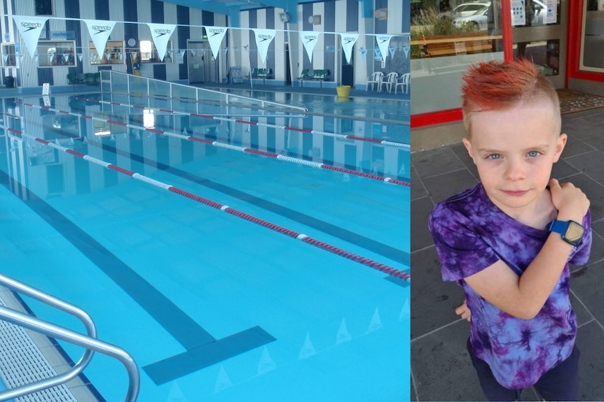 A composite image of a pool and a boy
