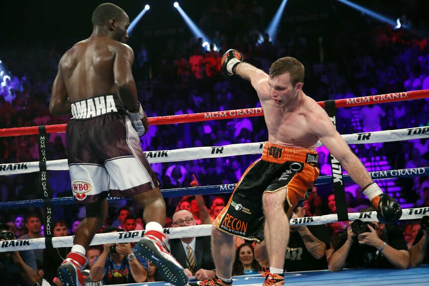 Boxer Jeff Horn stumbles after punch from Terence Crawford