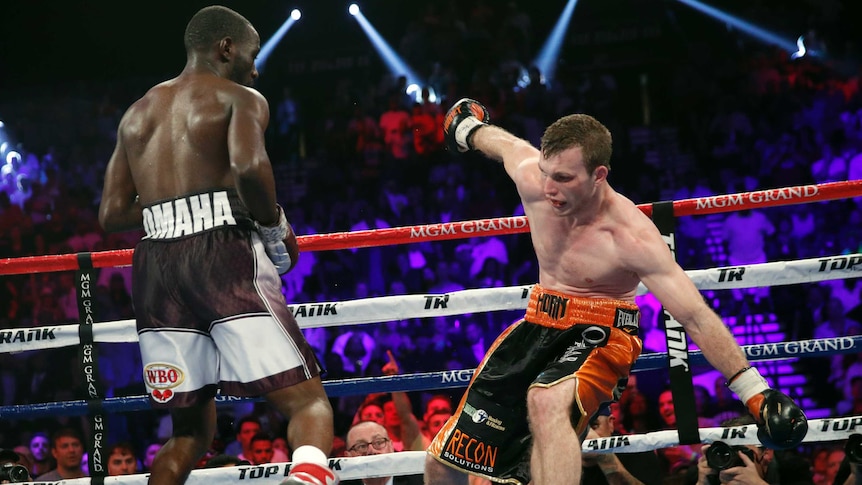 Boxer Jeff Horn stumbles after punch from Terence Crawford