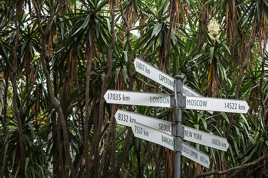 Colour photograph of a sign post in a park in Sydney suburb Kings Cross, pointing to different international cities.