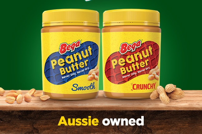 An advertisement for peanut butter, featuring pack shots and text that reads "Aussie owned".