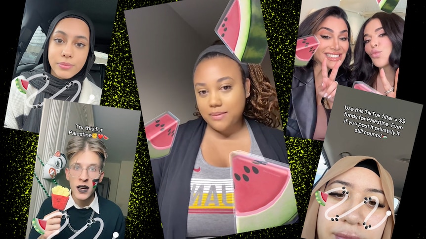 A compilation image of TikTokkers using the watermelon 'filter for good' which its creator says raises funds for Palestine.