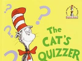 Une couverture jaune d'un livre intitulé The Cat's Quizzer avec un chat de bande dessinée dans un chapeau haut de forme rayé.