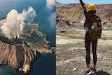A composite image with both an aerial image of the eruption and a woman wearing exercise tights 