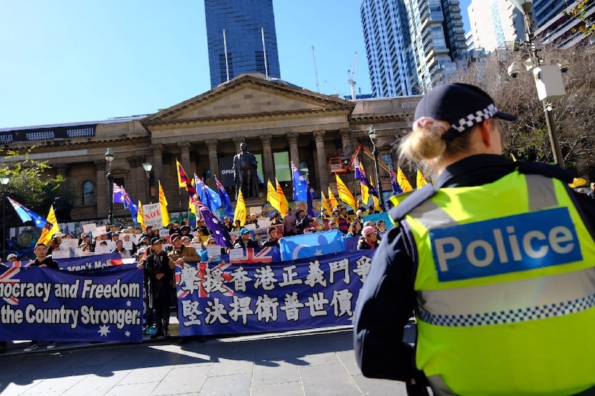 A police officer in a high-vis vest watches as dozens of protesters wave flags and banners on the steps of the library.