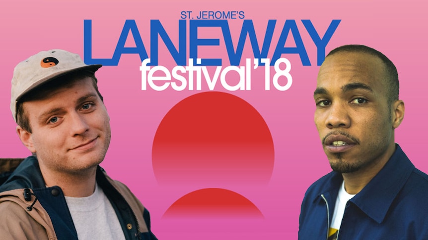 A collage of Mac DeMarco and Anderson.Paak framed against the Laneway Festival 2018 logo and artwork