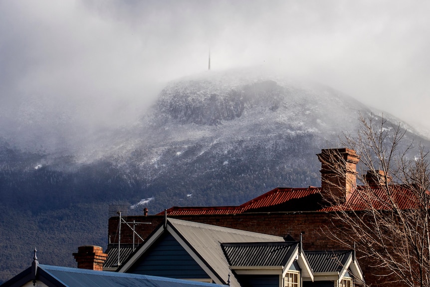 Snow and clouds cover the summit of Mt Wellington.