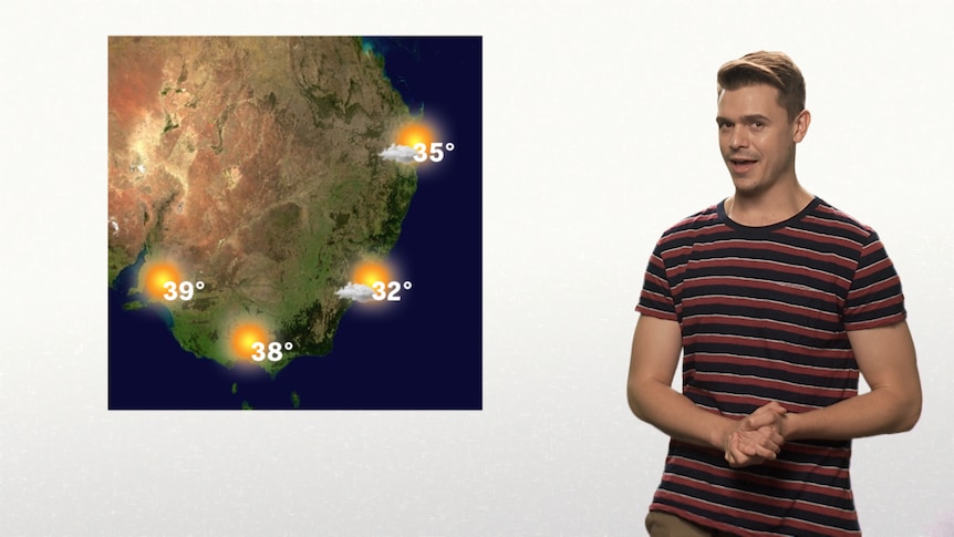 Presenter standing next to map of forecasted weather temperatures