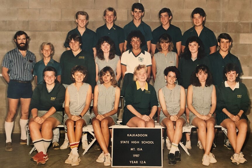 a formal class photo of the Yr 12 class in 1987 at Kalkadoon State High School