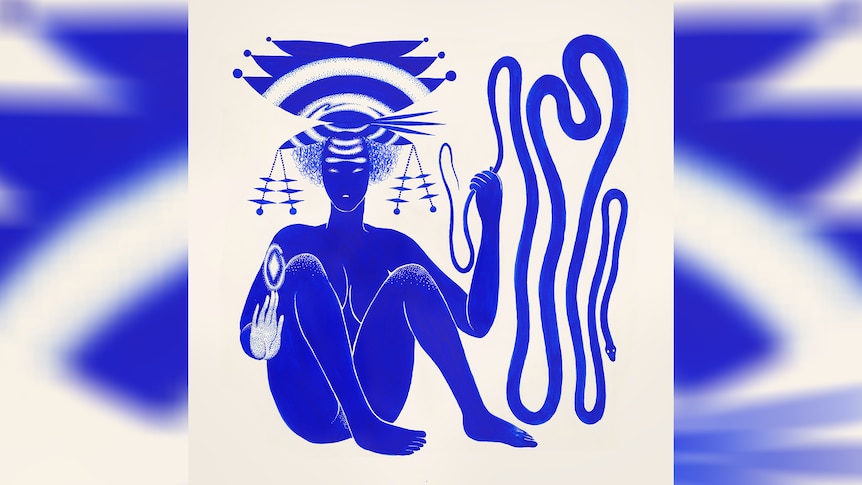A blue illustration of a naked figure crouching holding a serpent and wearing an elaborate headpiece