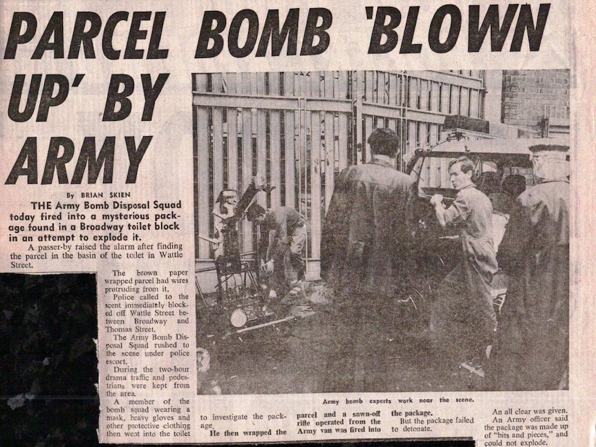 A newspaper article of a bomb scare at Broadway in Sydney in 1976.