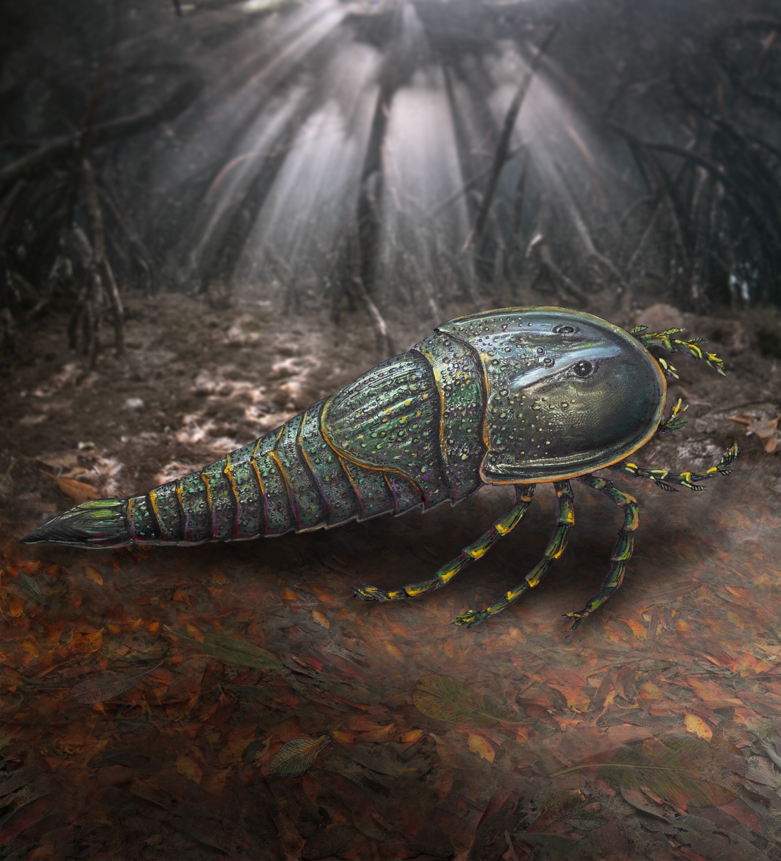 A large scaly looking green/blue scorpian art