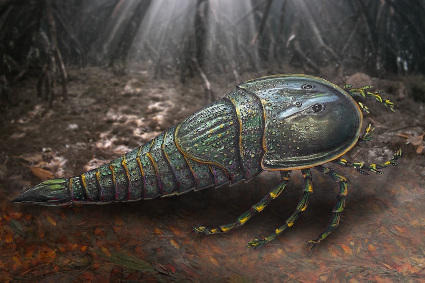 A large scaly looking green/blue scorpian art