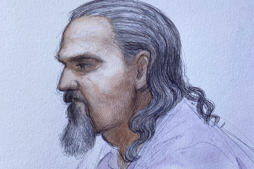 A court sketch of a man with long hair and a goatee beard. 