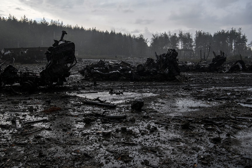 The wreckages of Russian fighting vehicles sit on dark muddy ground, with a line of trees in the background.