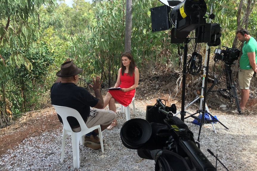 Patricia Karvelas conducts an interview outdoors