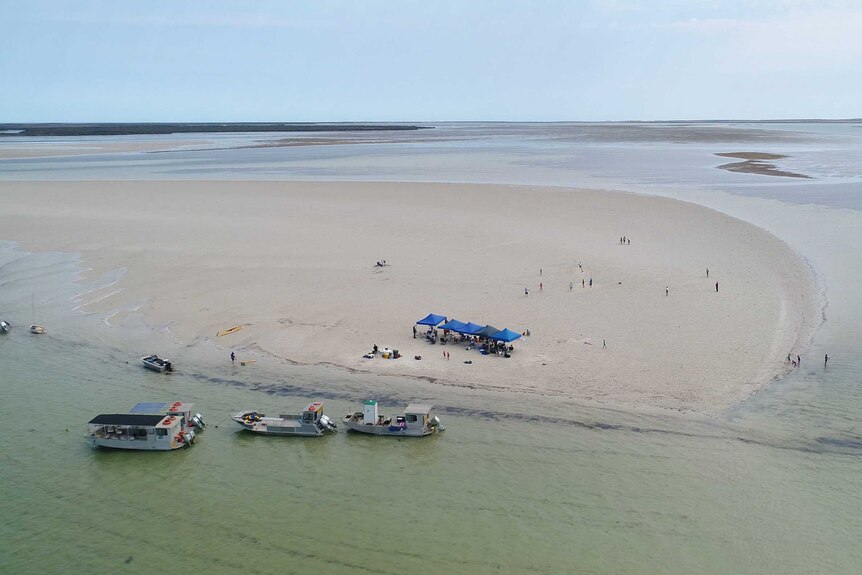 A drone shot of a sandy island, tents are set up and you can see people playing cricket.