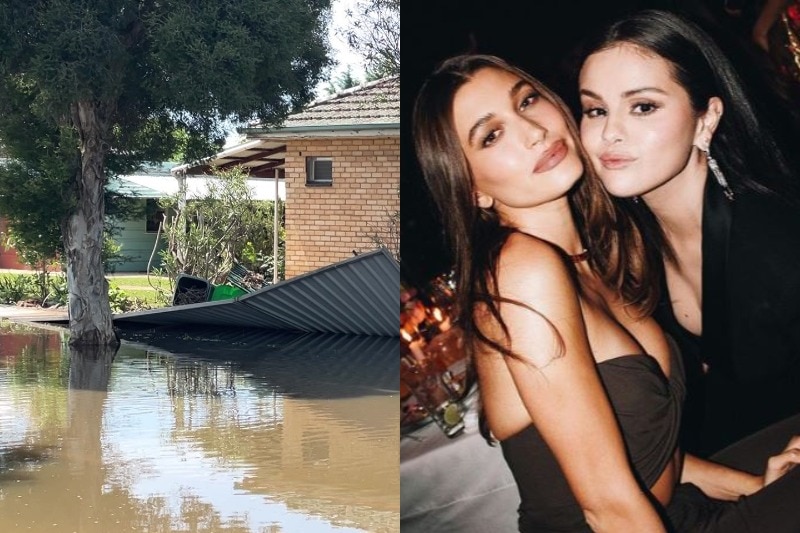 A composite image of a flooded house and two women taking a photo.