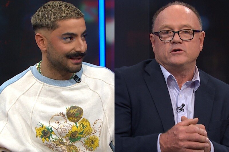 A split image of two people appearing on ABC's Q+A.