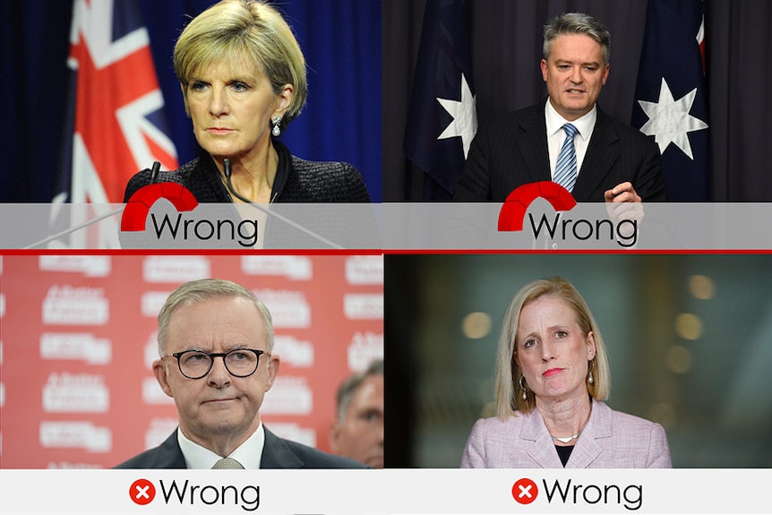 Composite image headshots of Julie Bishop, Mathias Cormann, Anthony Albanese and Katy Gallagher all with WRONG printed undern