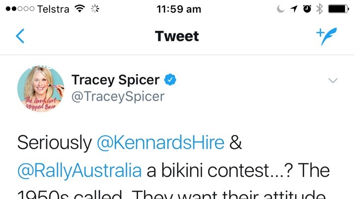 Tracey Spicer tweets about Miss Rally Australia 2017