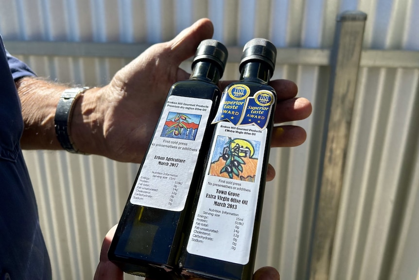 Two bottles of olive oil held in a hand.