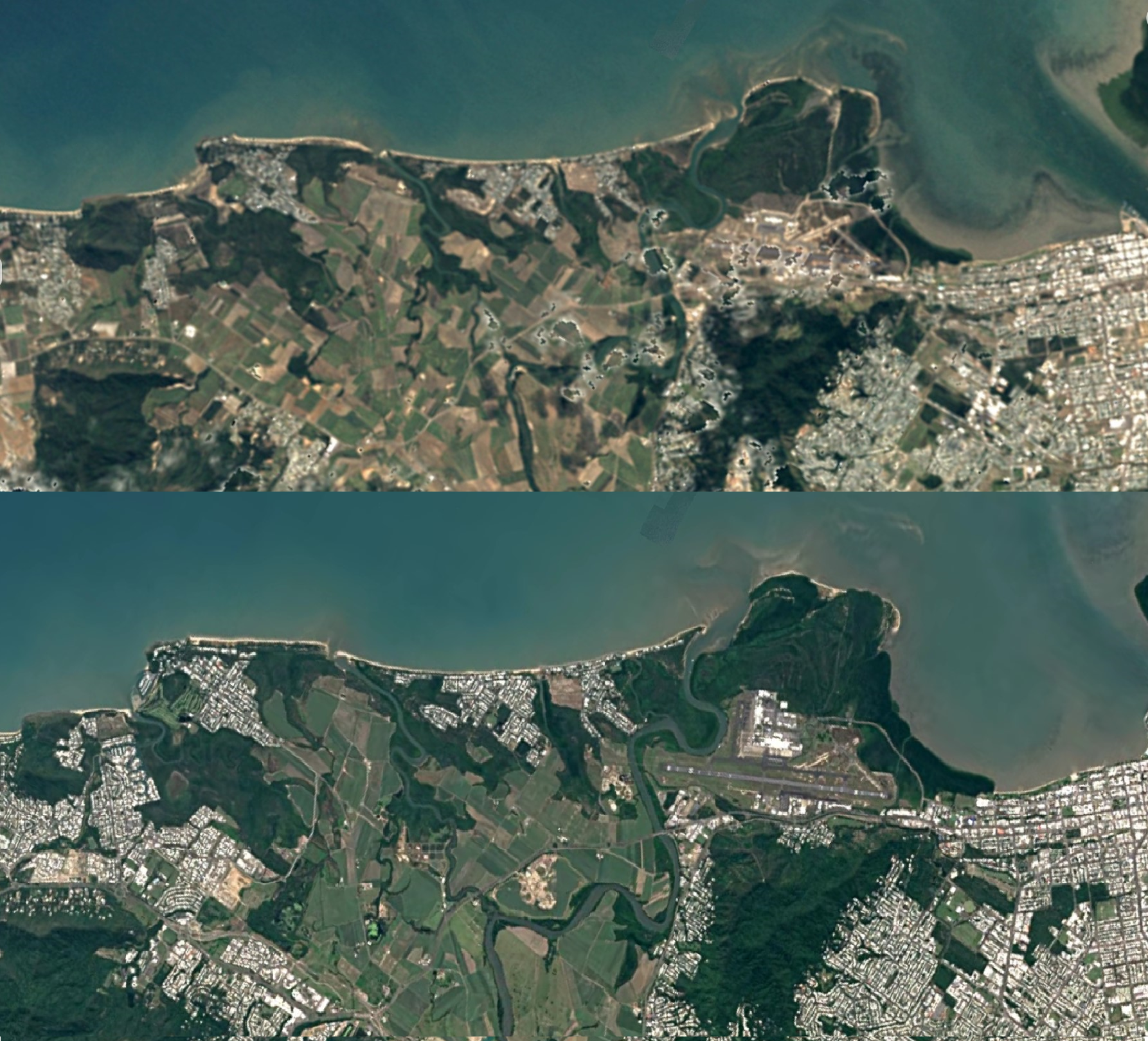 two satelite maps of an area of coastline from different years