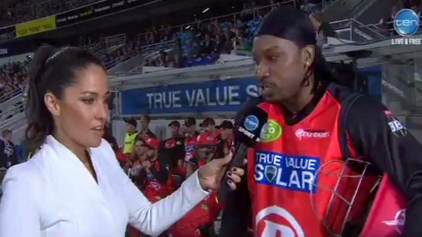 Mel McLaughlin interviews Chris Gayle on the sidelines of the Big Bash match.