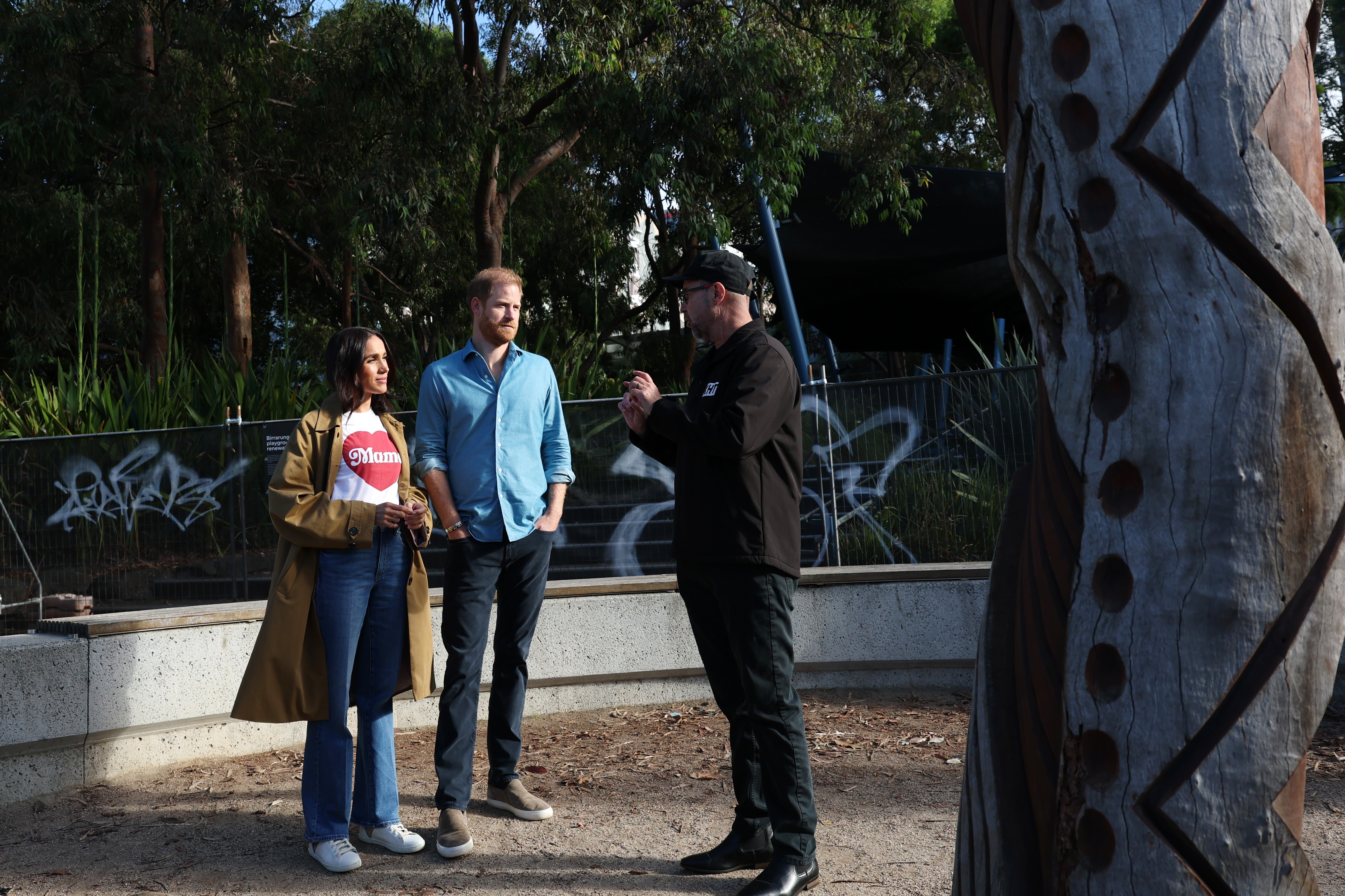 Prince Harry and Meghan, the Duke and Duchess of Sussex arrive to participate in the Scar Tree Walk at Birrarung Marr.