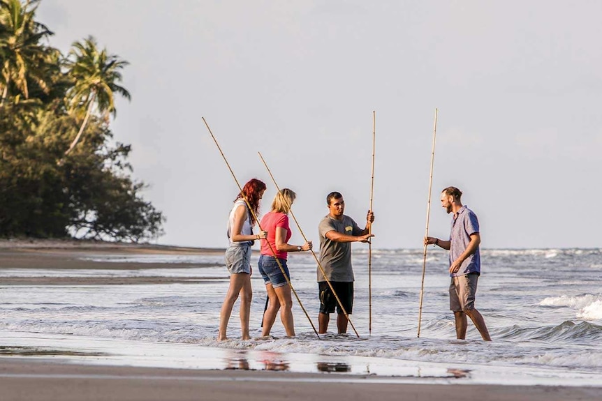 Indigenous tour guide with three guests holding spears at a beach with a rainforest