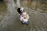 A man carries a dog as he wades through a flooded street in Chennai, India