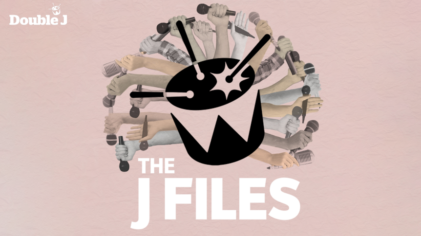 Logo for the J Files - black double j drum surrounded by a mandala of hands holding microphones