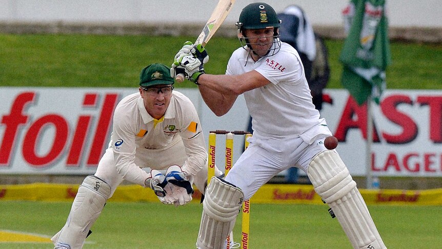 AB De Villiers plays a pull shot for South Africa during the second Test against Australia.
