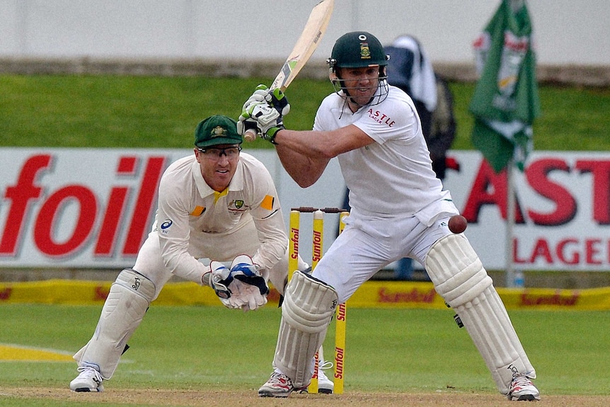 AB De Villiers plays a pull shot for South Africa during the second Test against Australia.