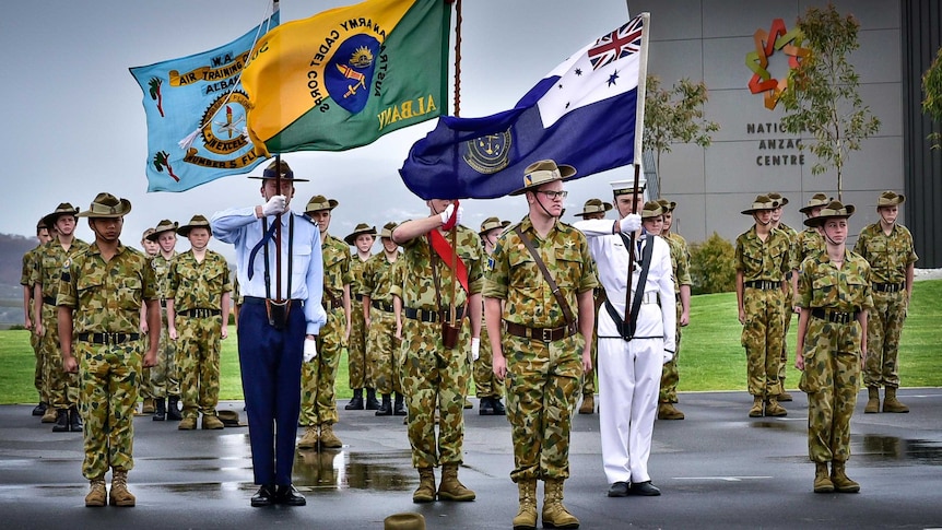 Army, Air Force and Naval cadets from the Albany region on parade in front of the National Anzac Centre.