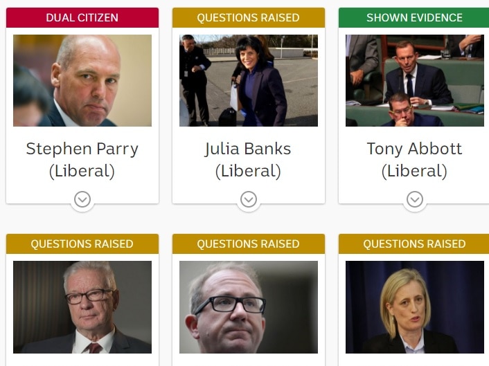 A screenshot shows several federal politicians within cards that say 'dual citizen', 'questions raised', and 'shown evidence'.