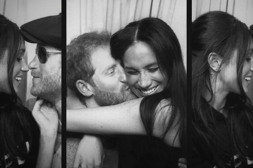 Prince Harry and Meghan Markle shown in black and white photobooth photos