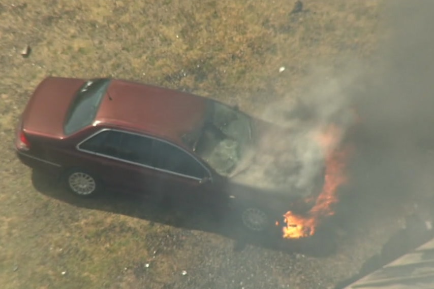 Aerial image of a car on fire in Kilsyth.