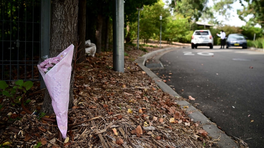 wrapped flowers left at the base of a tree by the side of the road