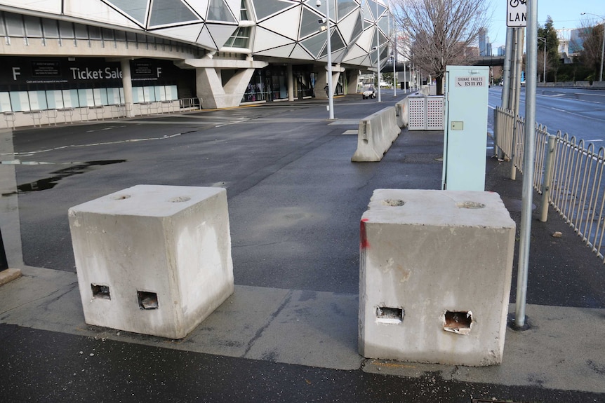 New concrete bollards in place outside Melbourne's AAMI Park.