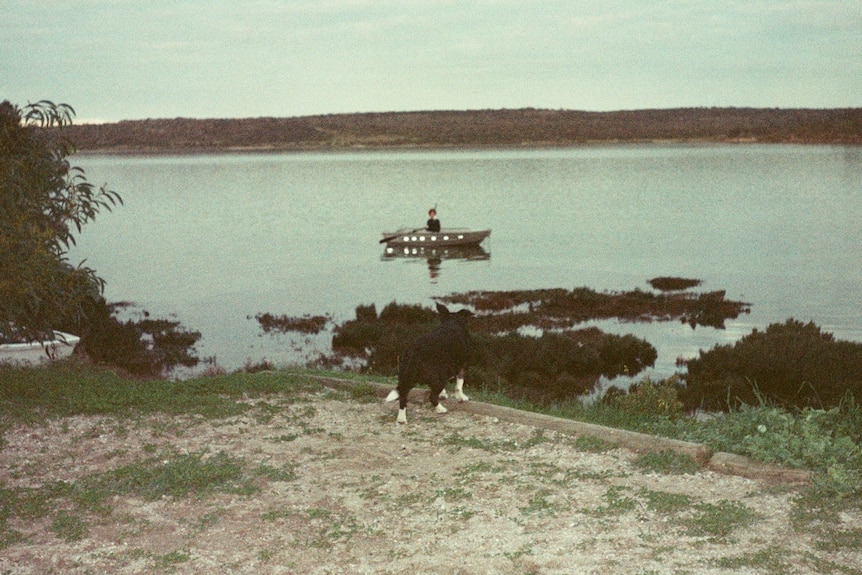 Boy in small boat on calm waters in bay