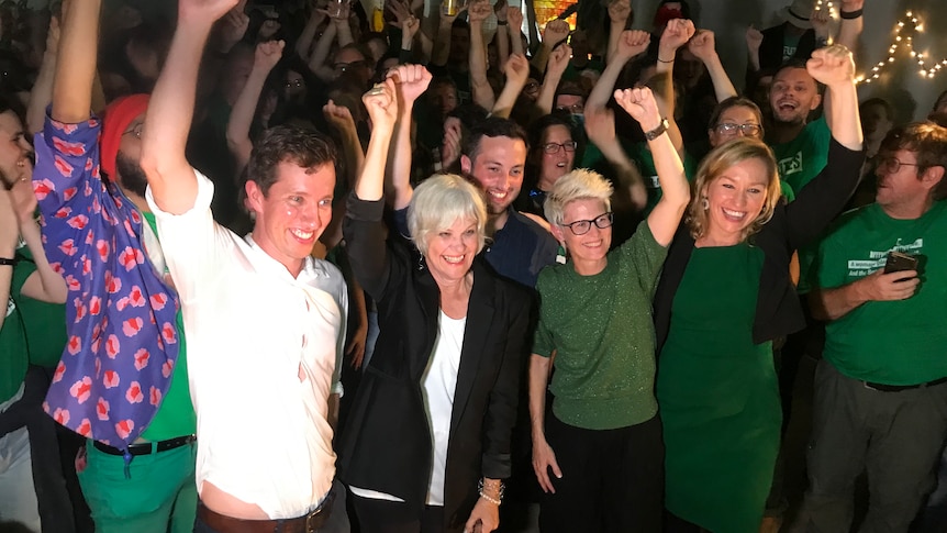 Greens candidates Max Chandler-Mather, Elizabeth Watson-Brown, Stephen Bates, Penny Allman-Payne with Senator Larissa Waters