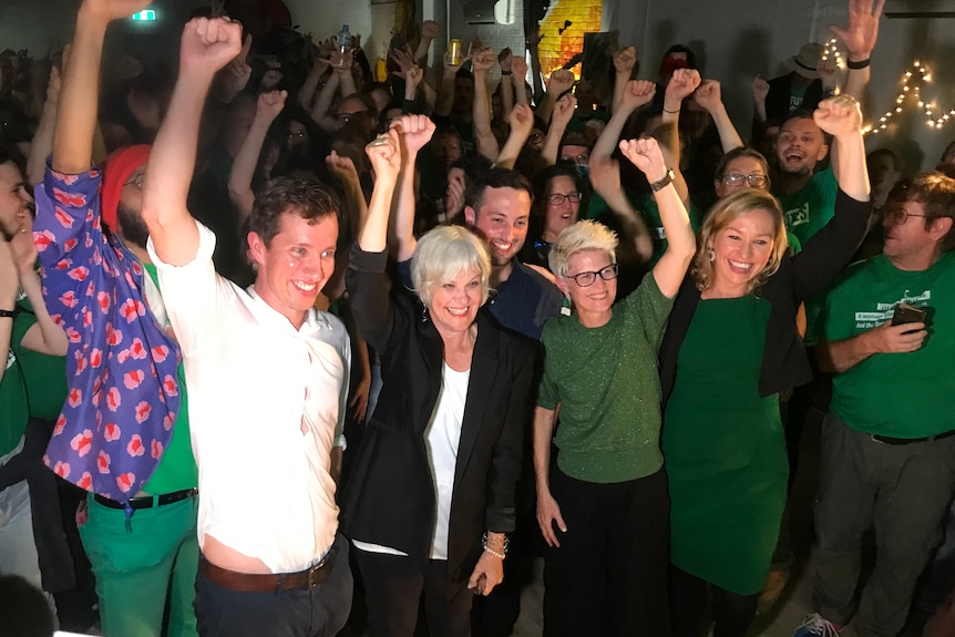 Greens candidates Max Chandler-Mather, Elizabeth Watson-Brown, Stephen Bates, Penny Allman-Payne with Senator Larissa Waters