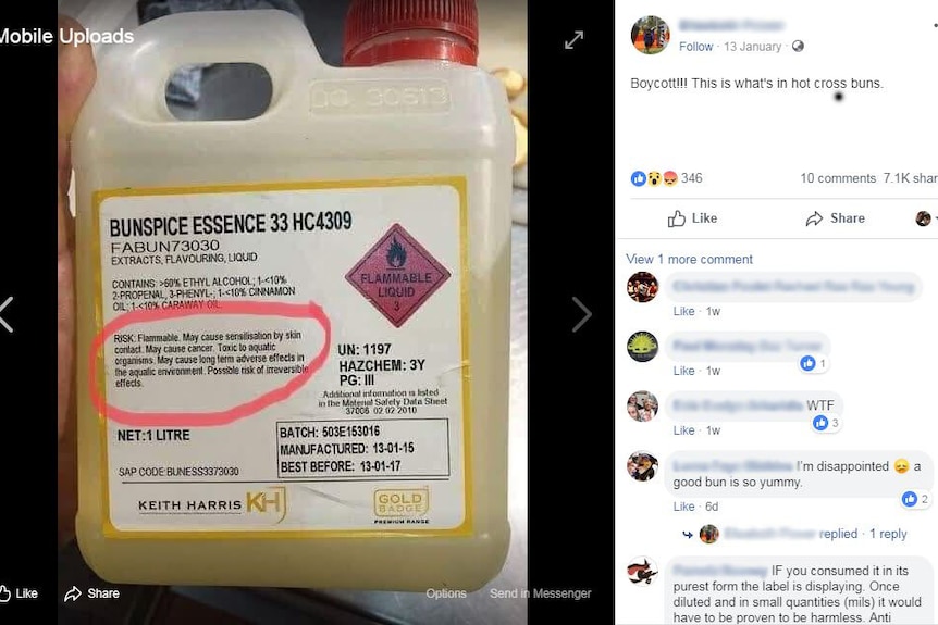 A Facebook post with a bottle of bunspice essence which says the product is flammable and may cause cancer.