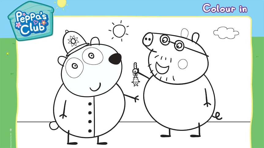 Line drawing of Police Officer Panda and Daddy Pig