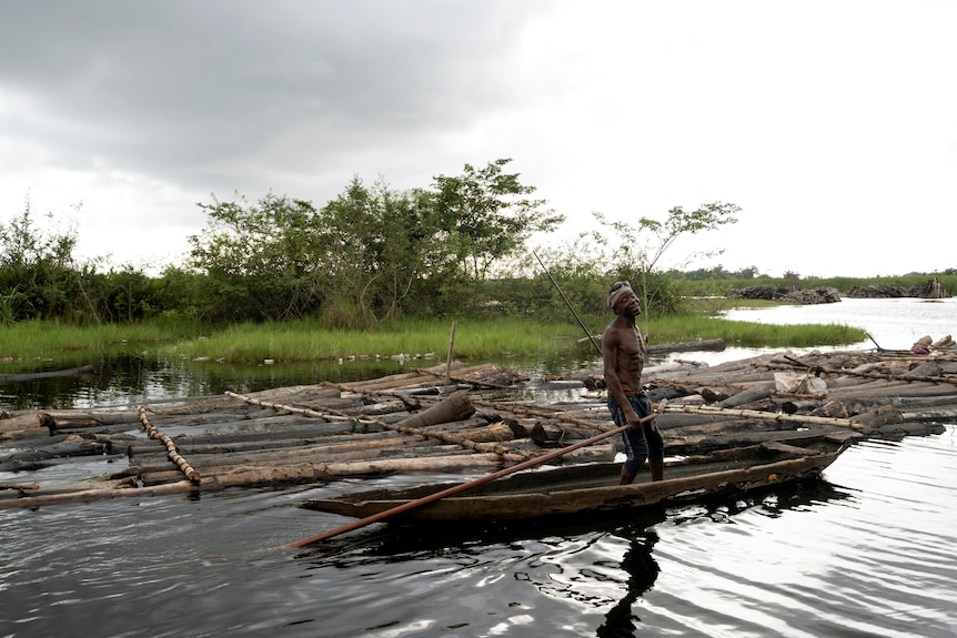 A logger is pictured in Nigeria on a boat, next to his log rafts to transport.